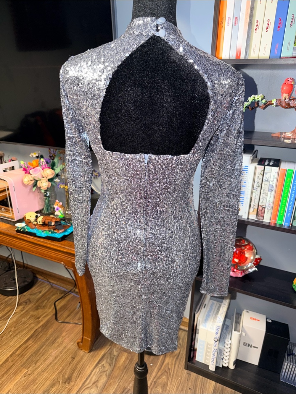 B Darlin Silver Sequin Long Sleeve Bodycon Dress - Picture 2 of 2